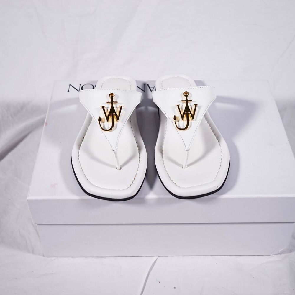 JW Anderson Leather Thong Sandals White Gold Anchor Logo Womens Size 36 Designer - Picture 2 of 7